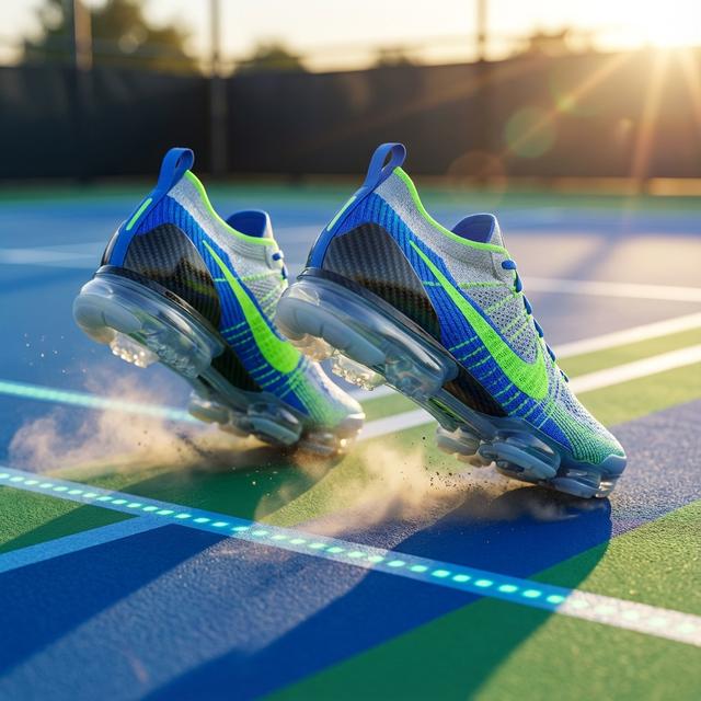 Close up of futuristic pickleball shoes on a court.
