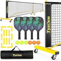 Pickleball Net Set, Pickleball Net on Wheels for Driveway Backyard, 22FT Regular Size, 4 Pickleball Paddles & 6 Balls, 12 Court Markers, 1 Carry Bag, Pickleball Set for Indoor Outdoor Play