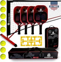 Pickleball Set with Net | 4 USA Pickleball Approved Carbon Fiber Paddles, Portable Regulation Size Net System, 8 Outdoor Balls, Court Marker Kit, Duffle Bag & Carry Bag - ROBBIMS