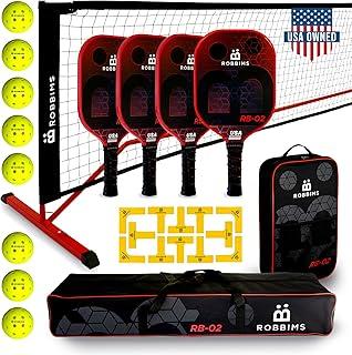 Pickleball Set with Net | 4 USA Pickleball Approved Carbon Fiber Paddles, Portable Regulation Size Net System, 8 Outdoor Balls, Court Marker Kit, Duffle Bag & Carry Bag - ROBBIMS