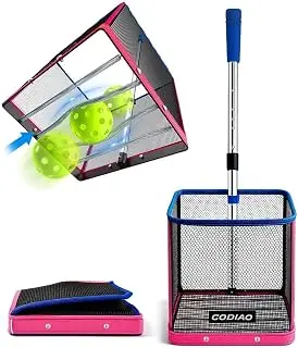 Pickleball Picker Upper 40+ Ball Capacity Hopper Holder, Foldable Basket with Telescopic Stainless Steel Handle, Quick Pickup No Bending Ball Retriever Collector, Portable for Court Training