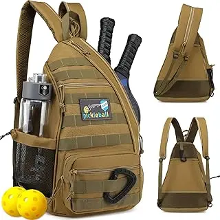 Pickleball Bag, Tactical Pickleball Backpack for Women Men, Adjustable Sling Bag with Fence Hook Water Bottle (Includes 2 Patches+1Carabiner), Brown