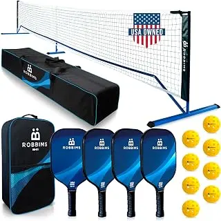 Pickleball Set with Net | 4 USA Pickleball Approved Carbon Fiber Paddles, Portable Regulation Size Net System, 8 Outdoor Balls, Duffle Bag & Carry Bag - ROBBIMS pickleball paddle