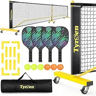 Pickleball Net Set, Pickleball Net on Wheels for Driveway Backyard, 22FT Regular Size, 4 Pickleball Paddles & 6 Balls, 12 Court Markers, 1 Carry Bag, Pickleball Set for Indoor Outdoor Play