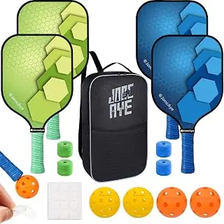 JoncAye Pickleball Paddles Set of 4 or 2, USAPA Approved Fiberglass Rackets with Outdoor Indoor Balls, Bag, Overgrip, Lightweight for Family, Professional Equipment for Beginners Intermediate