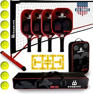 Pickleball Set with Net | 4 USA Pickleball Approved Carbon Fiber Paddles, Portable Regulation Size Net System, 8 Outdoor Balls, Court Marker Kit, Duffle Bag & Carry Bag - ROBBIMS pickleball paddle